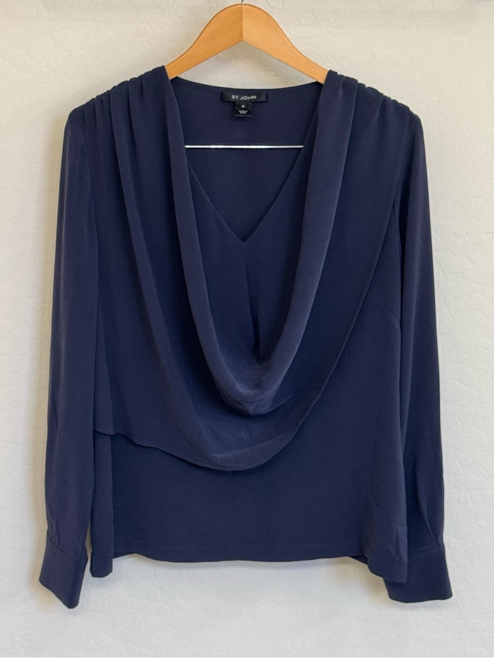 St. John Gray Blue Draped Cowl Neck Silk-Blend Blouse Top Size 10